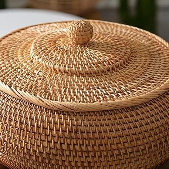 Round Rattan Boxes with Lid Hand-Woven Multi-Purpose Wicker Tray 11 Inch Picnic Food Bread Table Storage Basket (28x13cm)