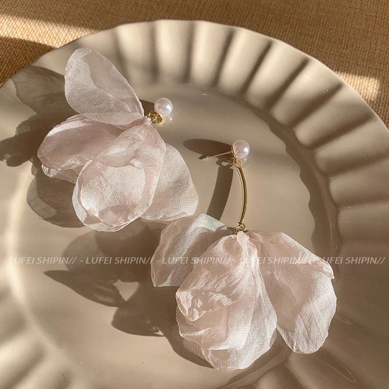 Chiffon Tassel Flower Earrings: Elegant, Fairy-Inspired Design, Long and Face-Flattering for Girls