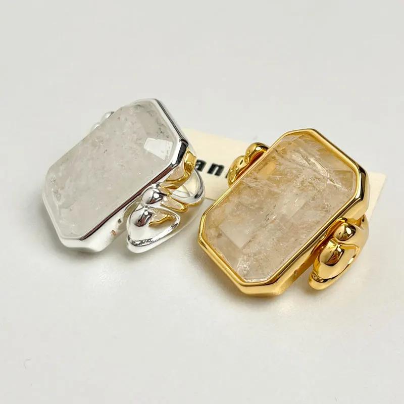 14K Gold-plated French Retro Fashion Square Sugar Natural Stone Crystal Ring Exaggerated Vacuum High-end Feeling Ring