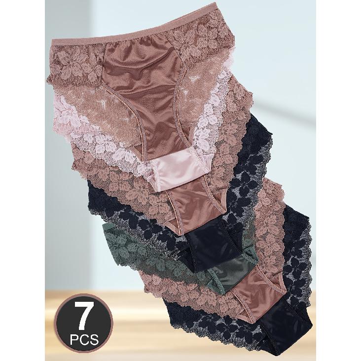 

high quality7pcs Women S Floral Lace Satin Briefs - Semi-Sheer, Mid-Rise Patchwork Underwear with Contrast Lace Trim, Solid Color, Sexy & Stylish for XXL