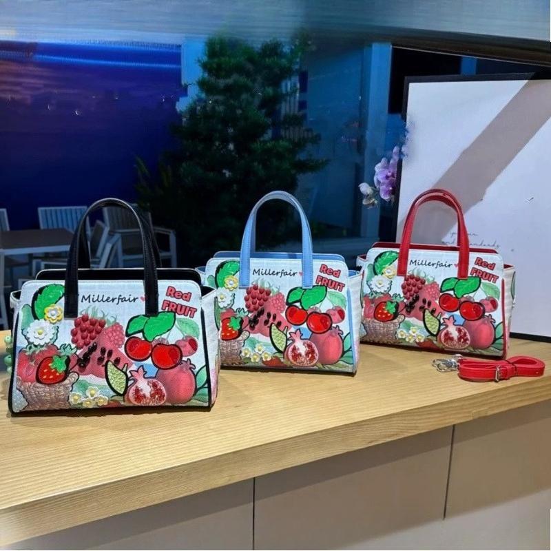 High-end PU Leather Women's Handbag Practical Front Back Two-side Use Ladies Crossbody Bag Fashion Splicing Fresh Sweet Fruit Embroidery Messenger Bag