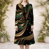 Women Plus Size Two Piece Dress Set Round Neck Long Sleeve Printed Dark Green Black With Pockets