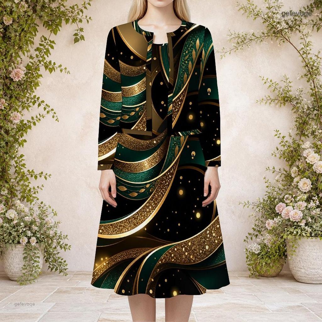 Women Plus Size Two Piece Dress Set Round Neck Long Sleeve Printed Dark Green Black With Pockets