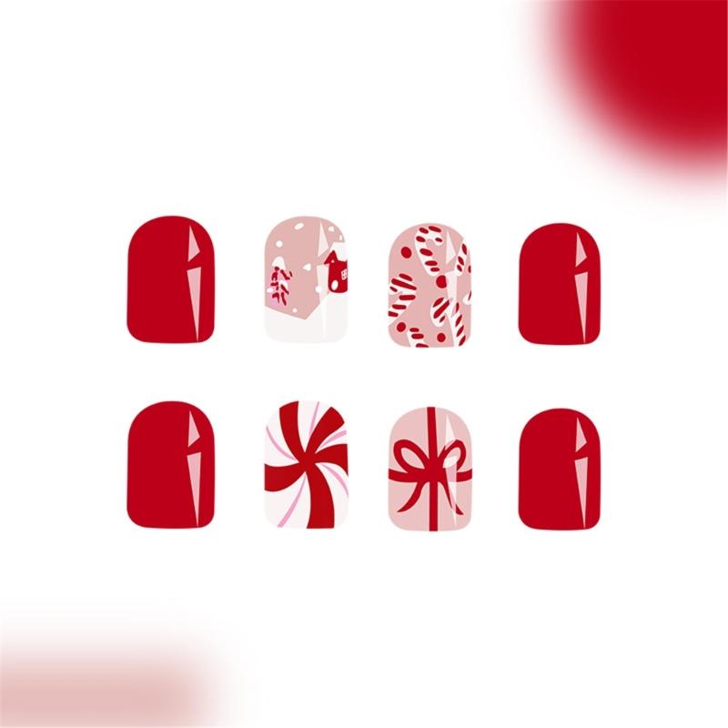 Short Square False Nails with Christmas Tree Christmas Press On Nails Stripes Full Cover Stick On Nails for Women Girls