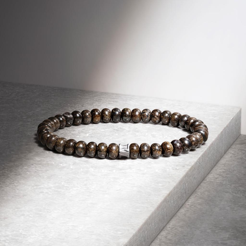 AWNL Men's Bronzite Natural Stone Beaded Bracelet, Rune Engraved Sterling Silver Charm, Adjustable 15-19cm, Gift Accessory