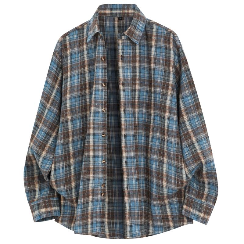 Herrskjortor Klassisk Rutig Vardaglig Knäppning Camisas Streetwear Vintage Man Långärmad Lös Vardaglig Överdimensionerad Cargo-skjorta