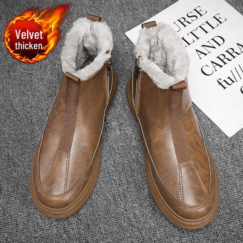 Men's 2024 Winter Waterproof Leather Zipper Snow Boots with Warm Velvet Lining.