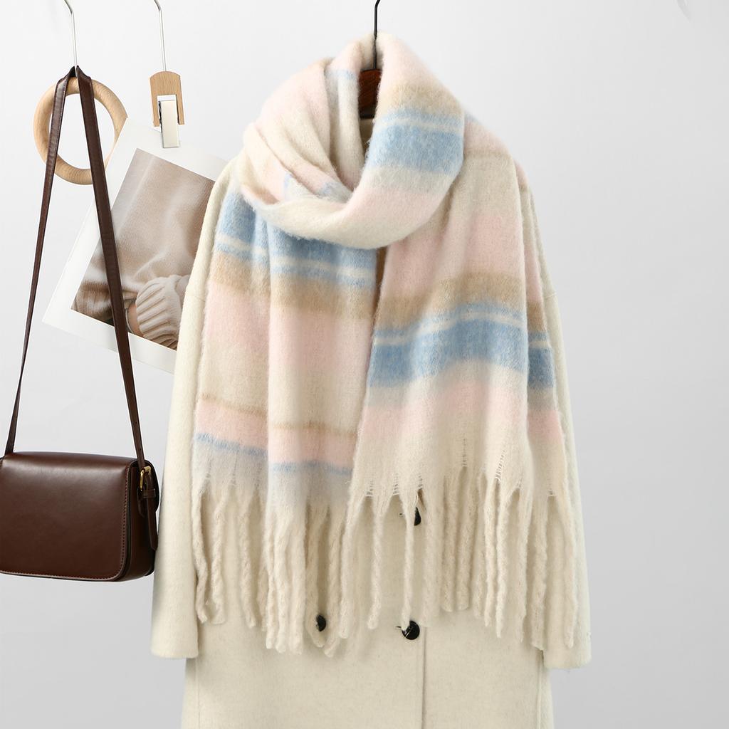 Korean Fringe Plaid Cashmere Scarf Shawl Women Warm Thick Mohair Scarf Pashmina Fashionable Soft Tassel Scarf Neck Protection