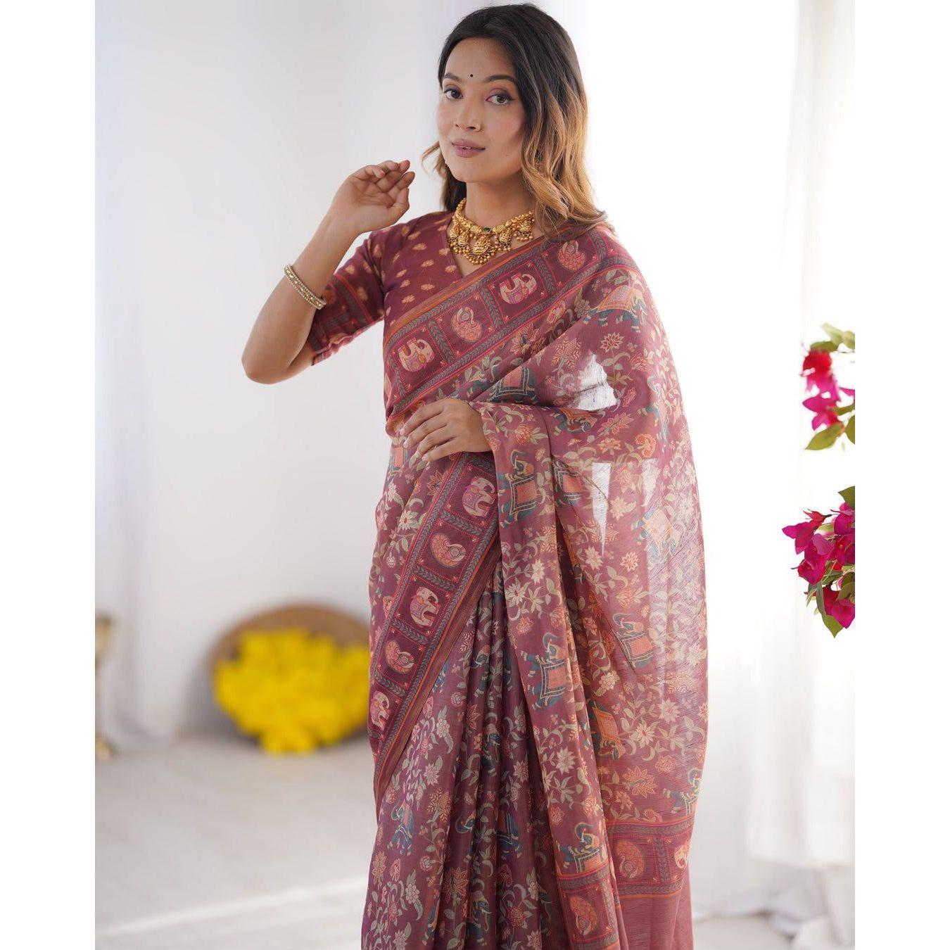 New Launch – Premium Elephant & Floral Digital Print Linen Cotton Saree