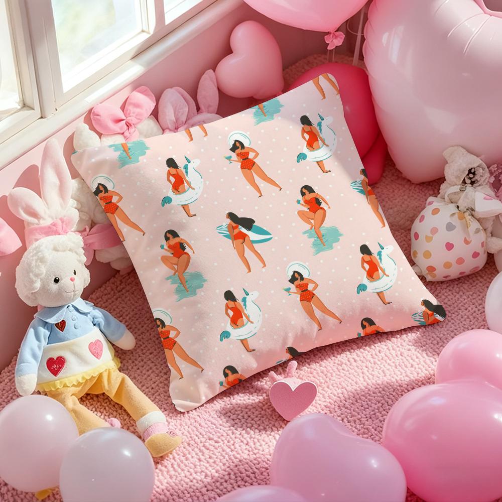 Summer vacation beach cartoon illustration Cushion Pattern Printed Pillowcase for Living Room Sofa Cushion Cover & Bedroom Decor