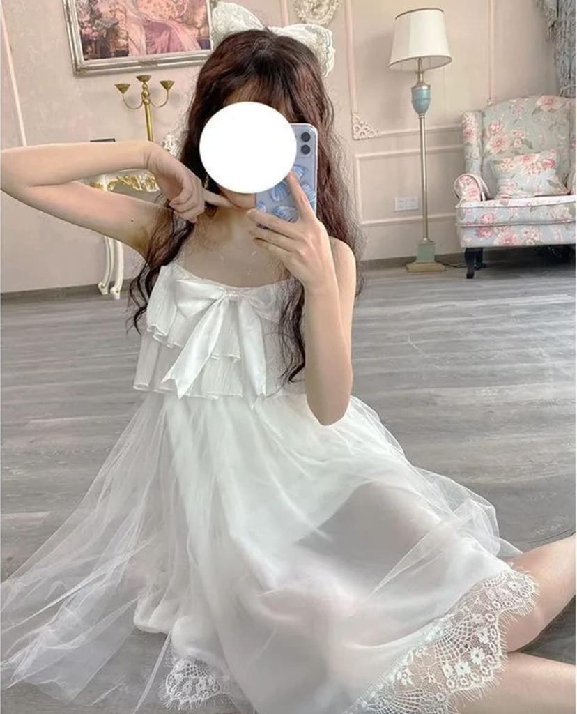 White Lace Dress Lolita Wedding Clothes Cosplay Costume White Empire Knee Length Sleeveless Dress [Lady Lazy] A-Line After-Party Women's (L)