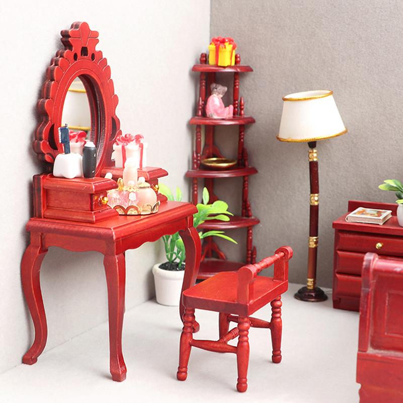 1:12 Dollhouse Miniature Wooden Makeup Dressing Table With Stool Dressing Cabinet Storage Cabinet Dolls Bedroom Bathroom Furniture Decor