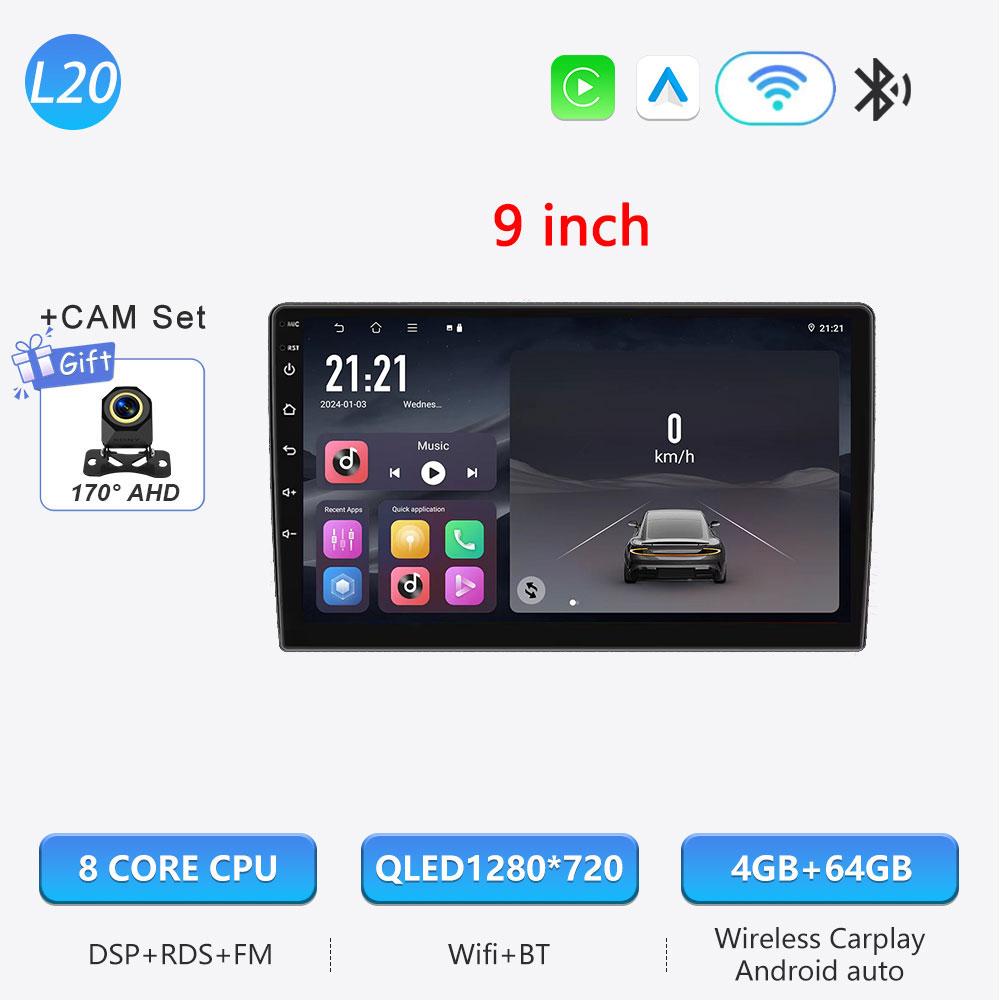 Autoradio Android 16 universel 9/10 pouces, CarPlay, Android Auto, GPS, lecteur multimédia, WiFi, écran QLED, BT 2 DIN