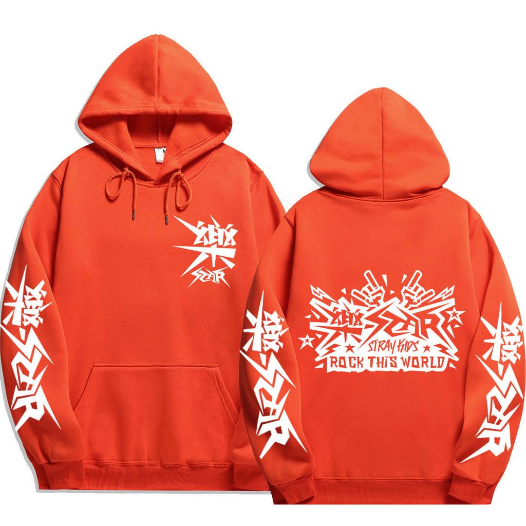 Stray Kids ROCK‑STAR Rock This World Pullover Hoodie White Punk Logo Front Sleeves Back Double Rock Hands Graphic Oversized Unisex K‑Pop Streetwear