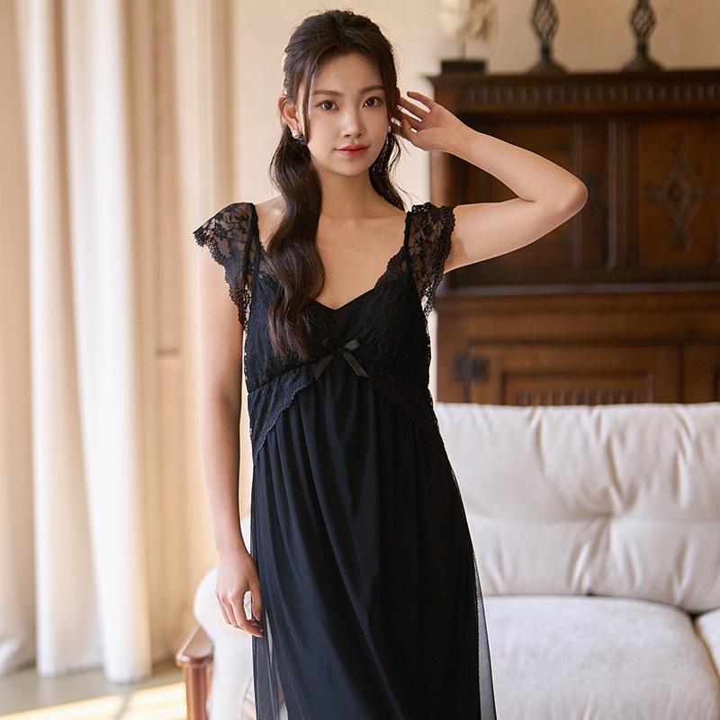 Thin Princess Lace French Strap Nightgown with Chest Pads - Sexy, Sweet, Transparent Modal Dress