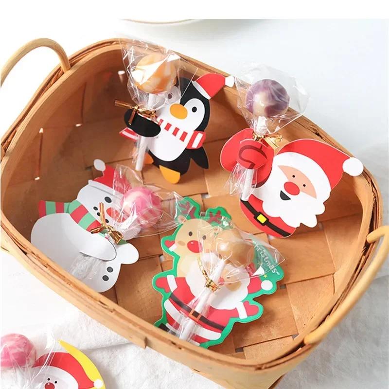 100/25x Christmas Lollipop Paper Cards Santa Claus Penguin Snowman Pattern Candy Gifts Package Wrapping New Year Party Decor