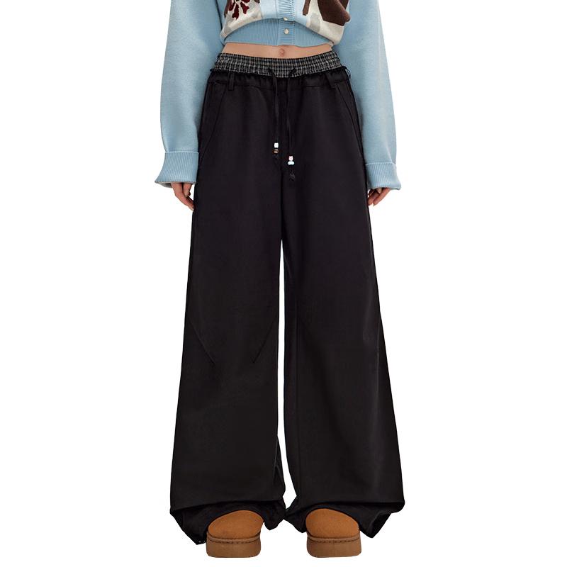 

UNIFREE Plaid Patchwork Waist Casual Wide-Leg Pants L