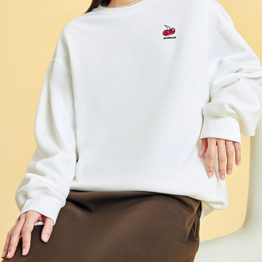 Anta X Kirsh Sports Lifestyle Series Solid Color Round Neck Pullover Fleece Sweatshirt Women sweatshirt Snow-White 962348722-1