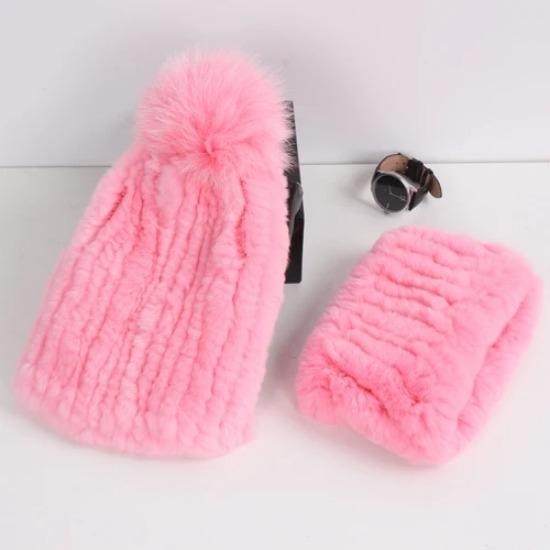 New Fashion Knitted Good Elastic Real Fur Scarf Hat Sets Women Winter Warm Natural Rex Rabbit Fur Scarves Hats Sets