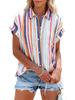 Blusa de Mujer Rayada con Cuello en V y Botones, Manga Corta, Camisa Casual para el Trabajo