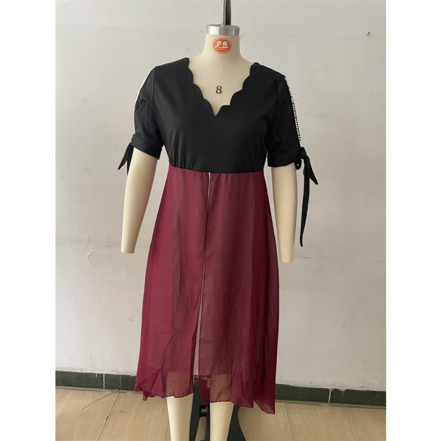 Women's Elegant Off-shoulder V-neck Patchwork Chiffon Faux Two-piece Irregular Plus Size Dress