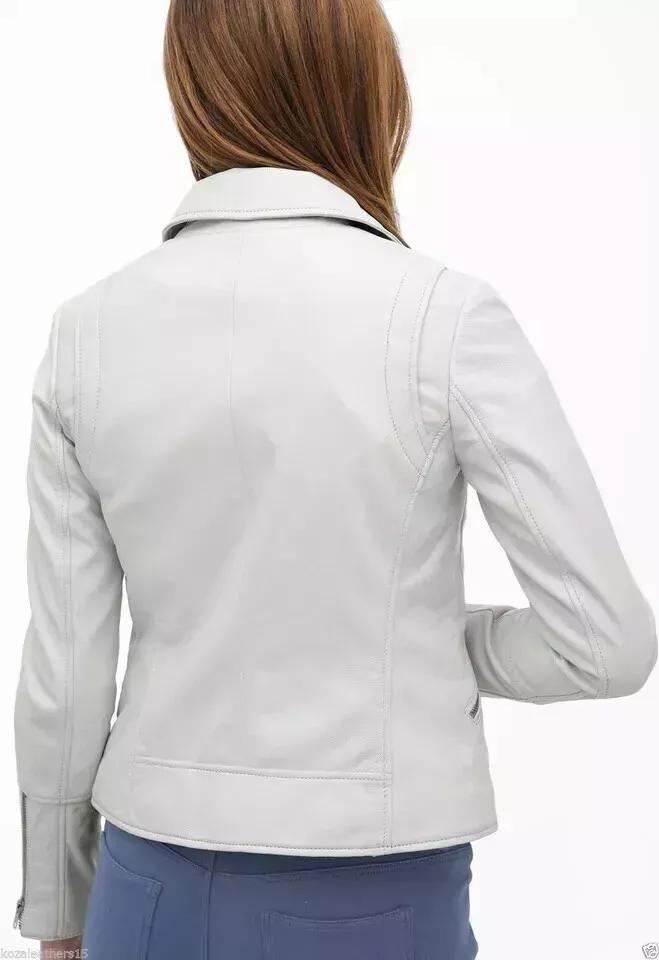 Handmade Stylish Biker Motorcycle Women's White Jacket Genuine Lambskin Leather