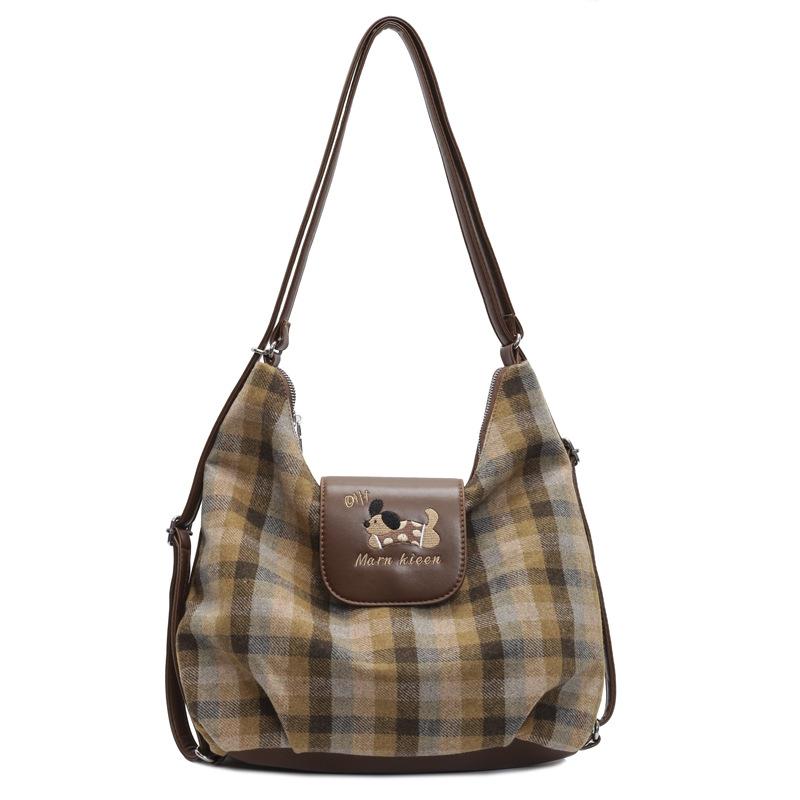 Cartoon puppy backpack bag women's new college plaid tote bag large-capacity shoulder bag