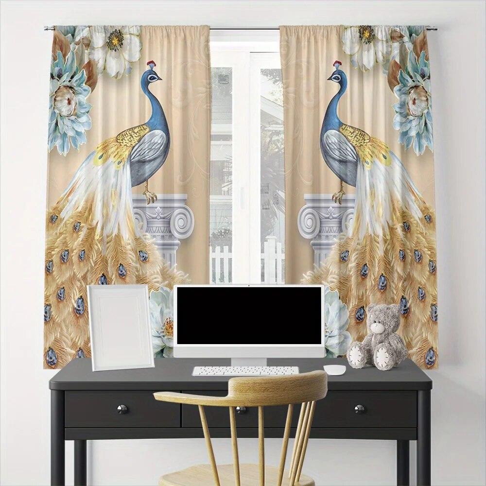 2pcs Elegant Peacock Pattern Curtains Polyester Rod Pocket For Living Room Bedroom Kitchen Study Stunning Background Decor