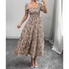 Women's Square Neck Puff Short Sleeve Smocked Floral Print Tiered Midi Dress Elegant Casual Swing Sundress