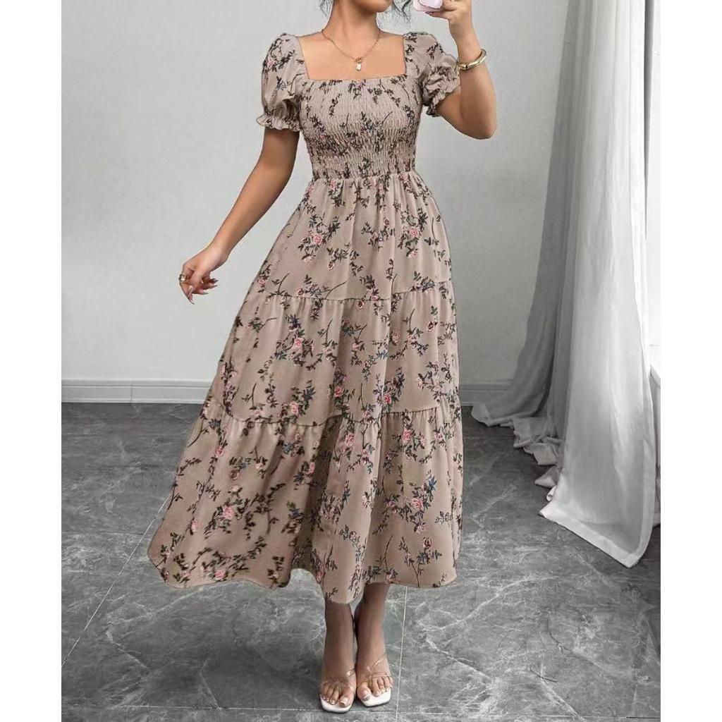 Women's Square Neck Puff Short Sleeve Smocked Floral Print Tiered Midi Dress Elegant Casual Swing Sundress