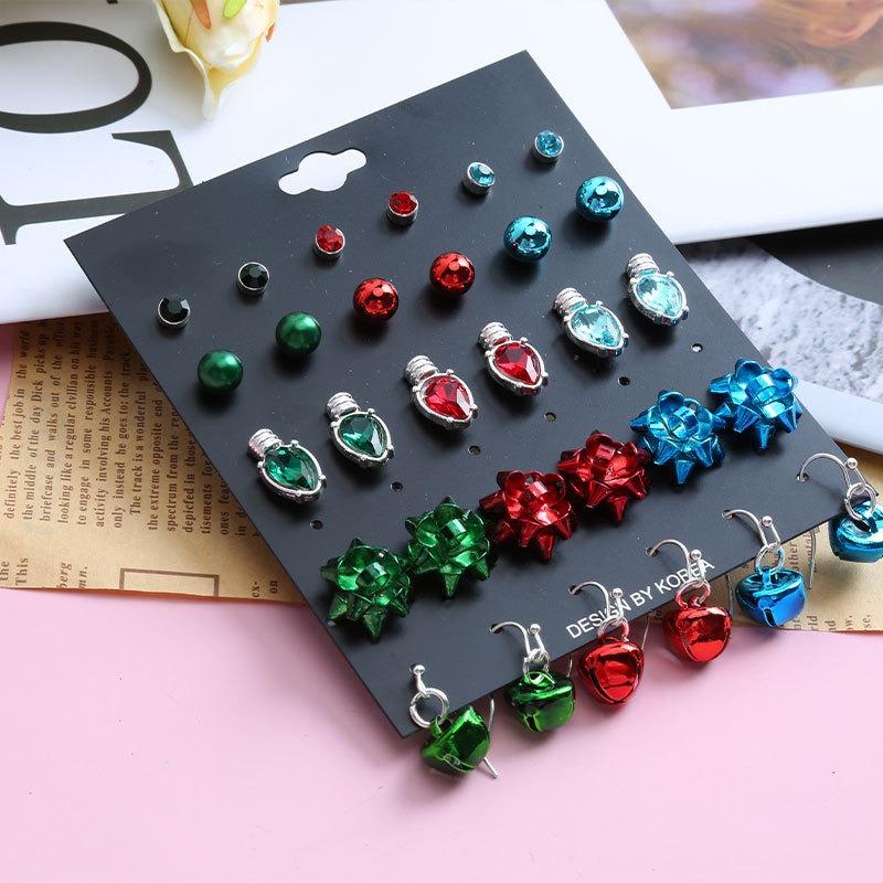 Christmas Stud Earrings Combination Set, Car Cup C Candle Metal Flower Bell Personalized Earrings Set
