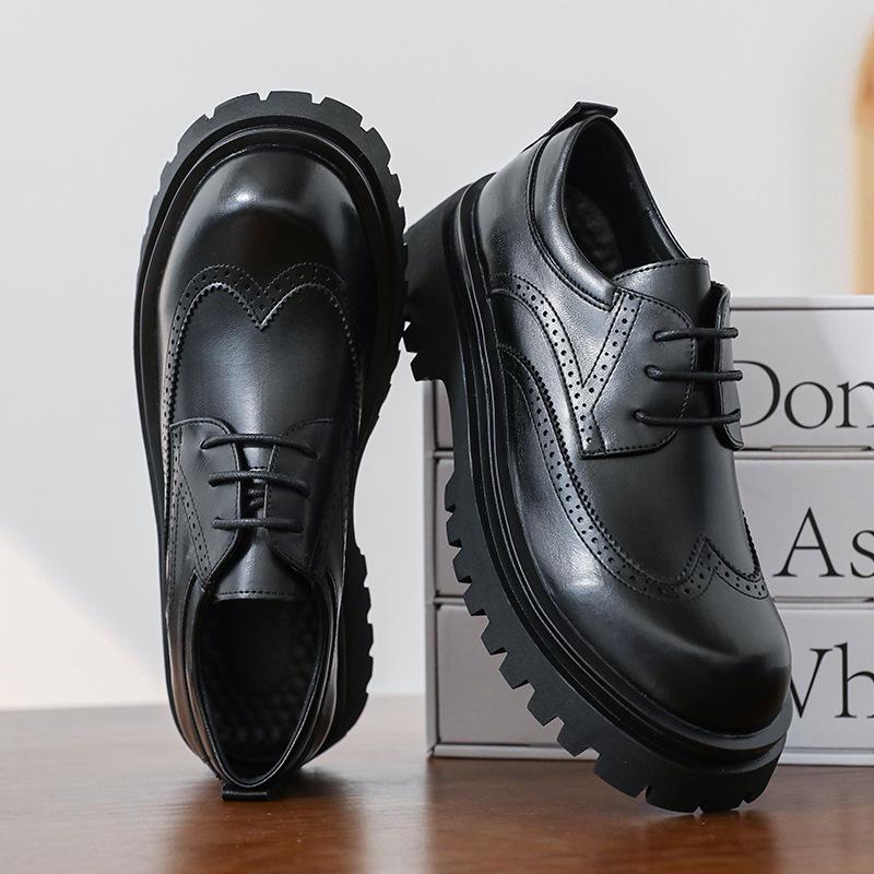 Men's British Style Round Toe Brogue Lace-up Height-Boost Business Casual Shoes