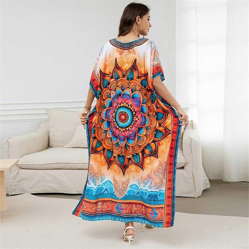 EDOLYNSA Ležérní boho tištěný výstřih do V, volné kaftanové šaty, plus velikost, 2024, dámské letní plážové oblečení, plavky, zakrýt volný župan Q1594