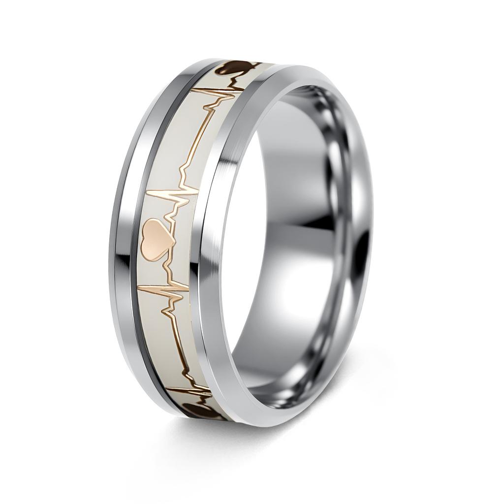 Valentine's Day Jewelry 8mm Inlaid Carbon Fiber Ring Couple ECG Heartbeat Titanium Steel Ring