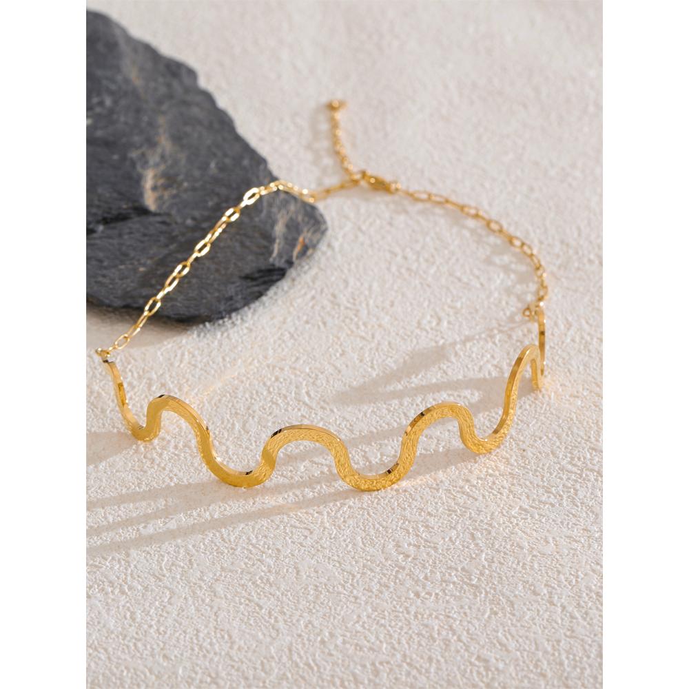 Yhpup Fashion Stainless Steel Wave Choker Necklace 18K Gold Color PVD Plated Popular Metal Distinctive Personality Jewelry