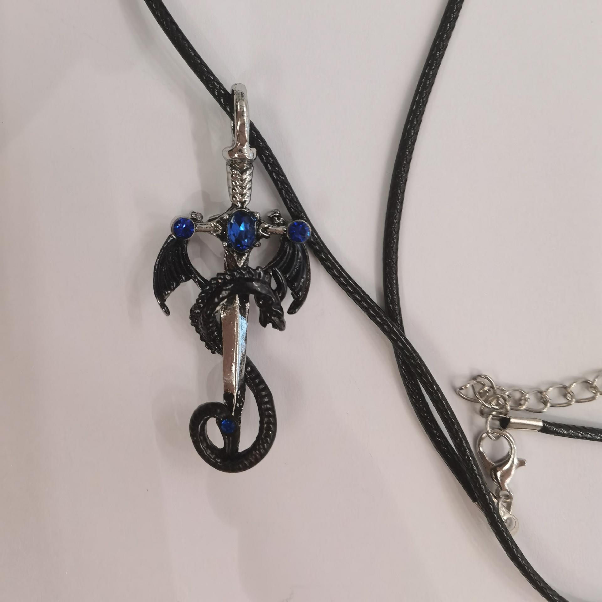 European American Cross-border Popular Retro Multi-color Gemstone Dragon Sword Stainless Steel Chain Necklace Men s Punk Hip-hop Accessories Wholesale