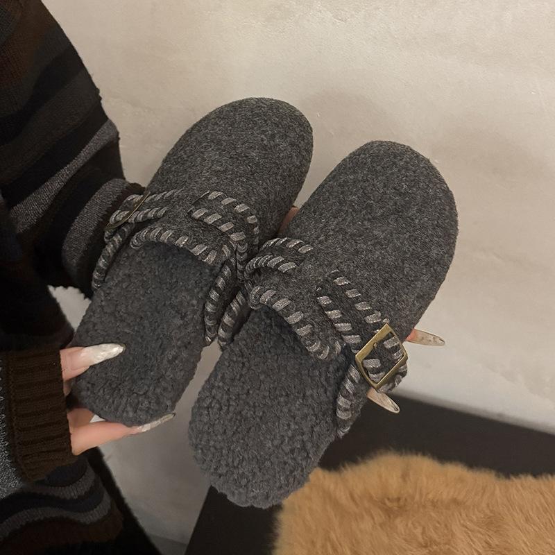 Retro fluffy bag head half slippers for women to wear autumn and winter new thick-bottomed piled cotton slippers