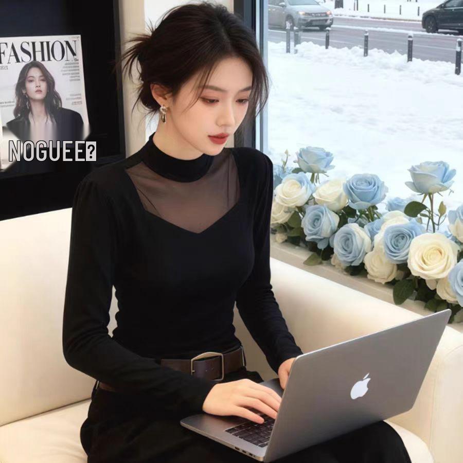 

Plus Size Velvet Mesh Patchwork Long Sleeve High Neck Top for Women - Autumn/Winter Style M [Recommended 80-100 lbs] чорний