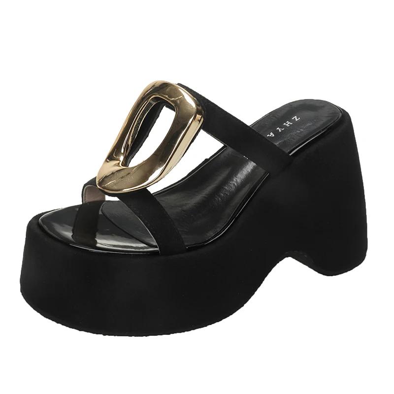 

Модные женские шлепанцы на платформе 11 см, высокий каблук, удобная танкетка, пляжные шлепанцы, летние сандалии, массивная кожаная обувь для женщин 34 чёрный