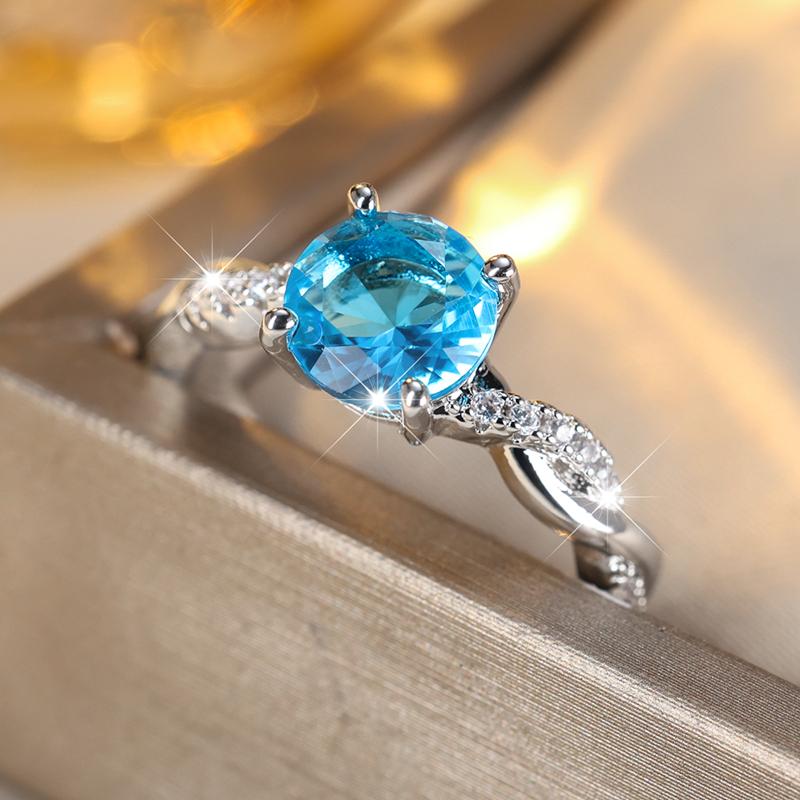 Inel de zirconiu simplu, clasic, de culoare argintie, rotund, albastru acvatic/alb/roșu/verde pentru femei, inel de nuntă cu temperament, bijuterii la tendința de veșnicie