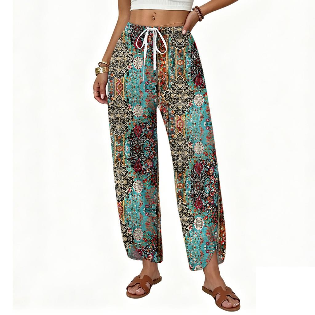 Women High Waist Drawstring Pants Loose Fit Straight Leg Split Hem Floral Print Trousers Casual Lightweight Bottoms