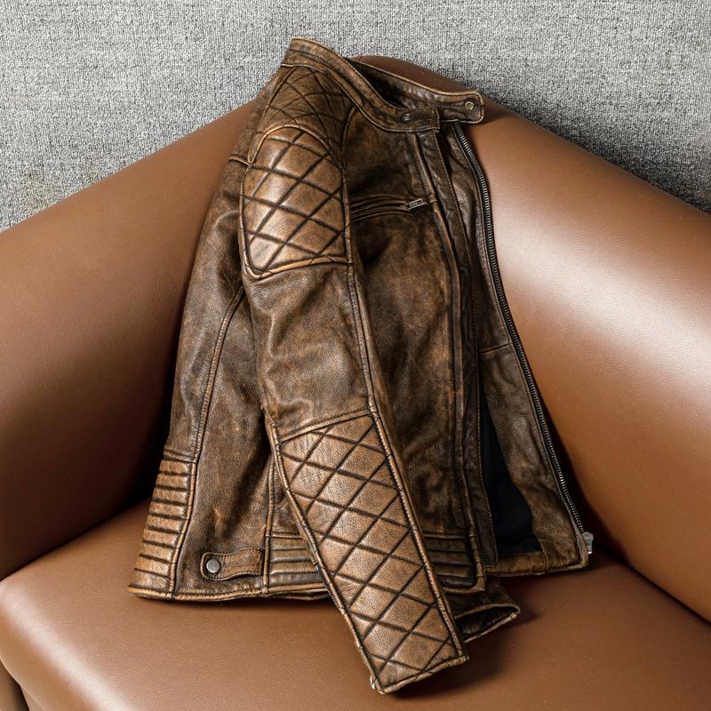 Mens Genuine Leather Jacket Slim Fit Stand Collar Vintage Biker Jacket Riding Coat