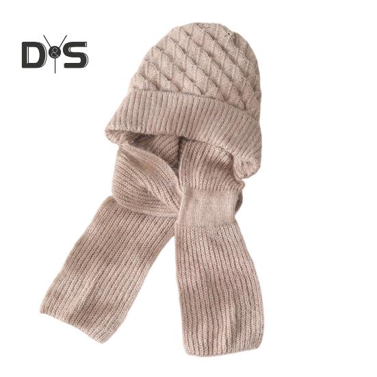 Women Winter Hat with Integrated Scarf Thick Warm Knitted Windproof High Elasticity Full Protection Outdoor Travel Cold Weather Cycling Cap