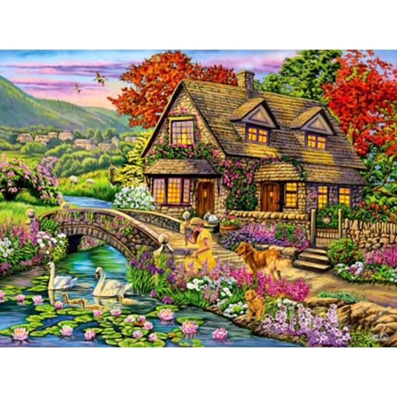 Pictură cu diamant 5D DIY, peisaj, casă, broderie cu diamante, peisaj, punct de cruce, complet rotund, burghiu, decor manual, cadou