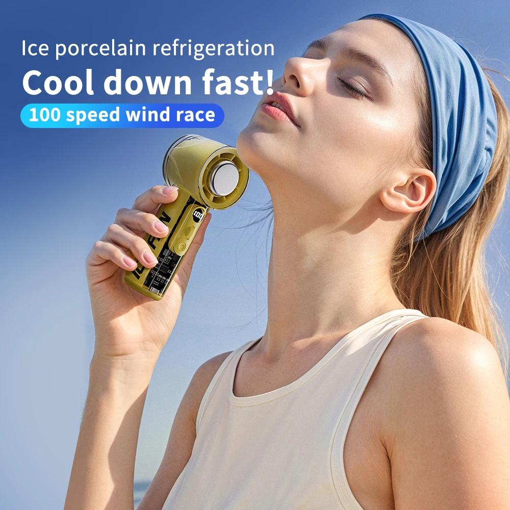 New Handheld Air Cold Fan 3000mAh USB Rechargeable Outdoor Mini Cooling Fan With 100 Speed Wind Transparent Cold Compress Fans