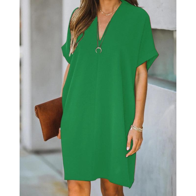 YYFS Women's Fashion Summer Spring Solid Color Print Short Sleeve V-Neck Loose Waistline Casual Dresses