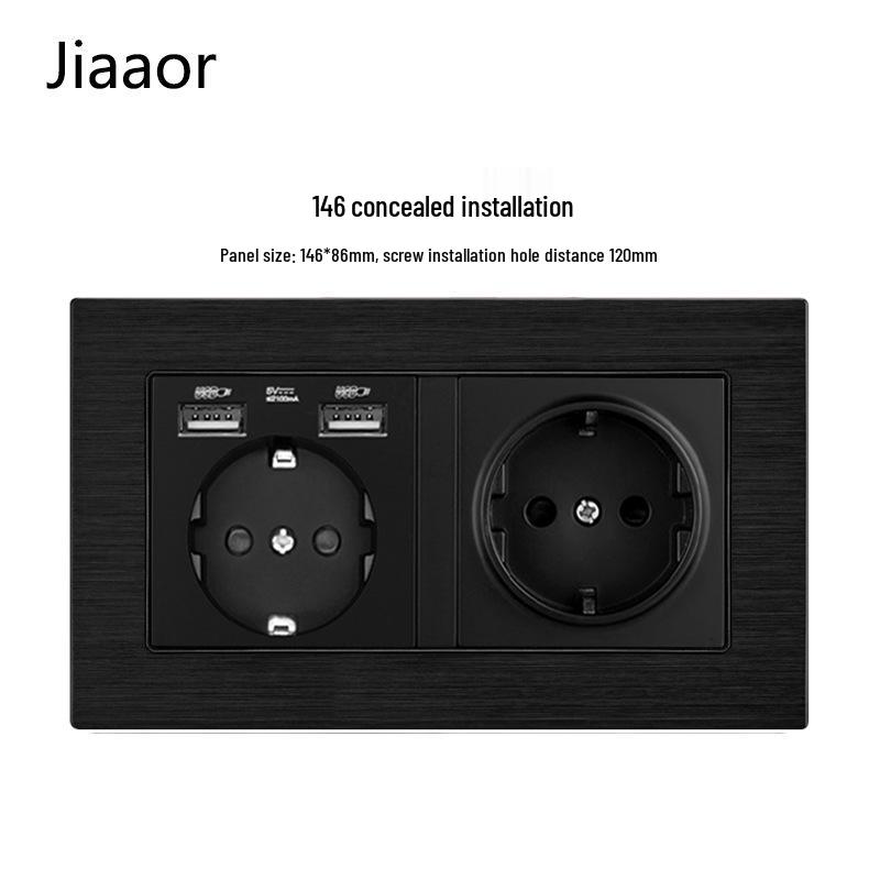 Type 146 Dual USB 16A Two-Gang European Power Socket Panel with German Standard Switch (Concealed)