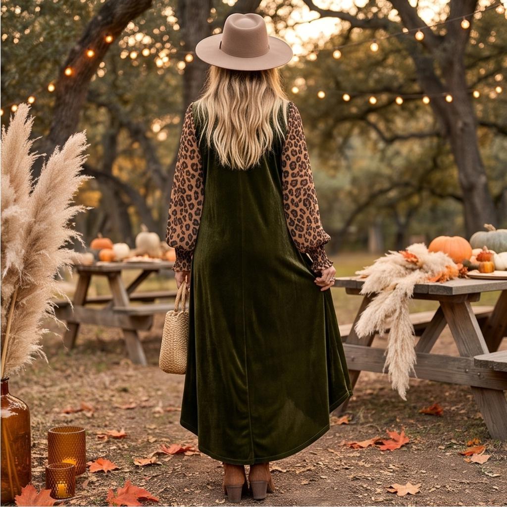 Women's Bohemian Velvet Leopard Print Patchwork Dress in Vintage for Fall and Winter