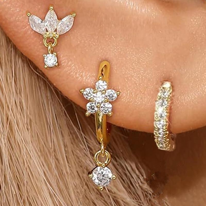 3PCS Stainless Steel Gold Color Circle Hoop Earrings Set for Women Simple Zircon Flower Stud Earring Cartilage Piercing Jewelry