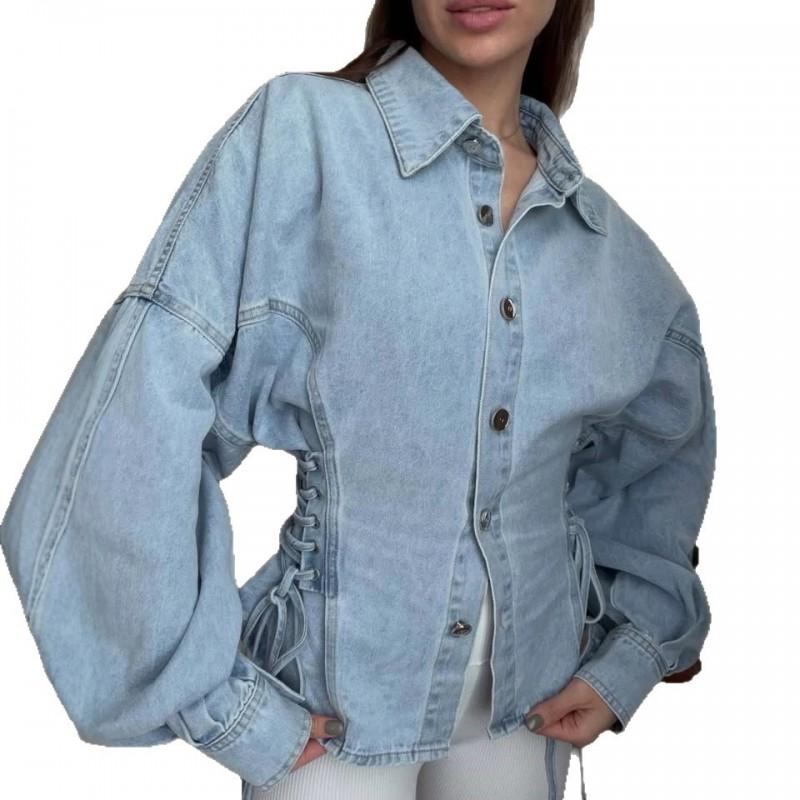 Slim Fit Drawstring Waist Denim Shirt Jacket Long Sleeve Office Chic Casual Wear Women 2026